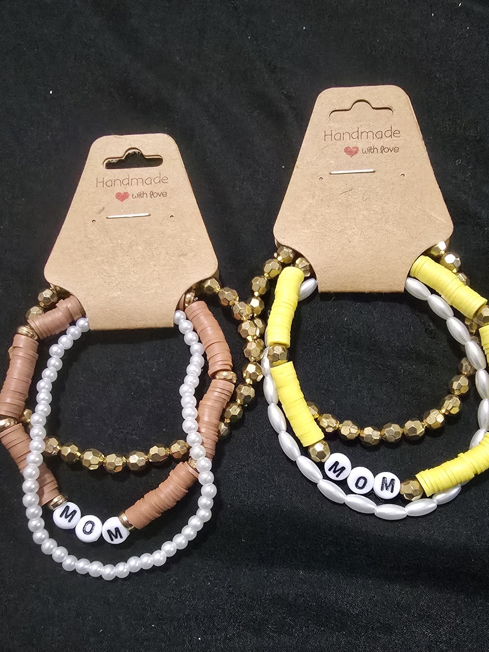 Handmade "MOM" Beaded Stretch Bracelet Set - Yellow & Brown Bundle